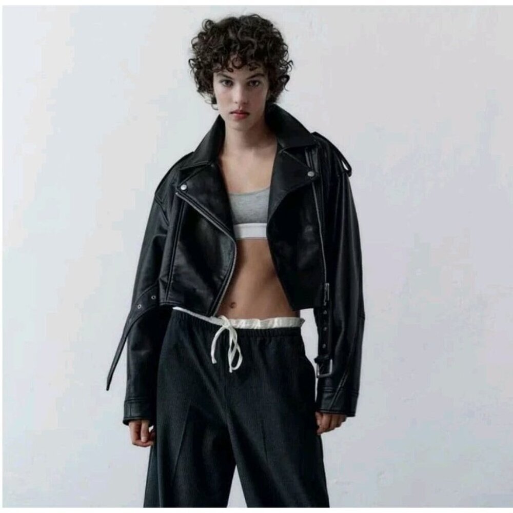 Zara Faux Leather Black Motorcycle Jacket Small Indie Sleaze Bikercore Vegan EUC